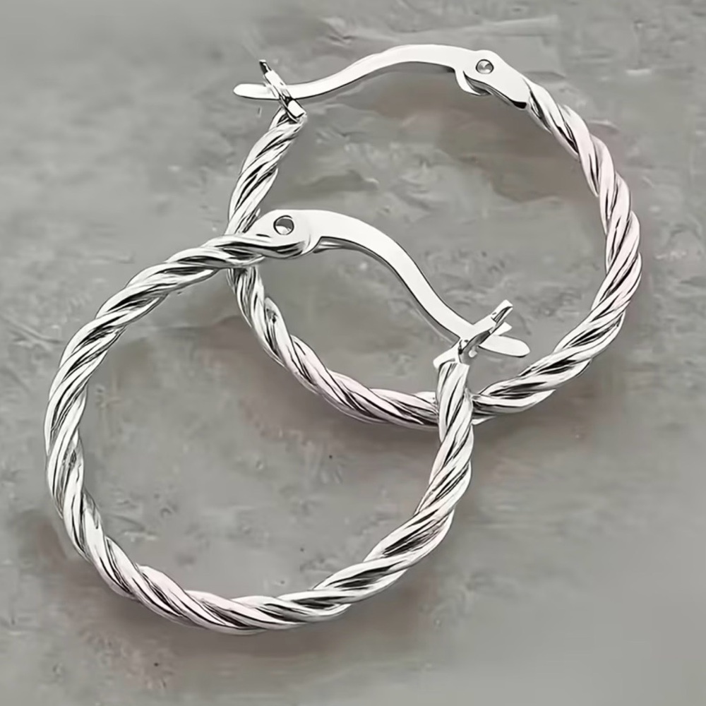 NWT Silver Plated Stainless Steel Twisted Rope Hoop Earrings 3/4" Minimalist
